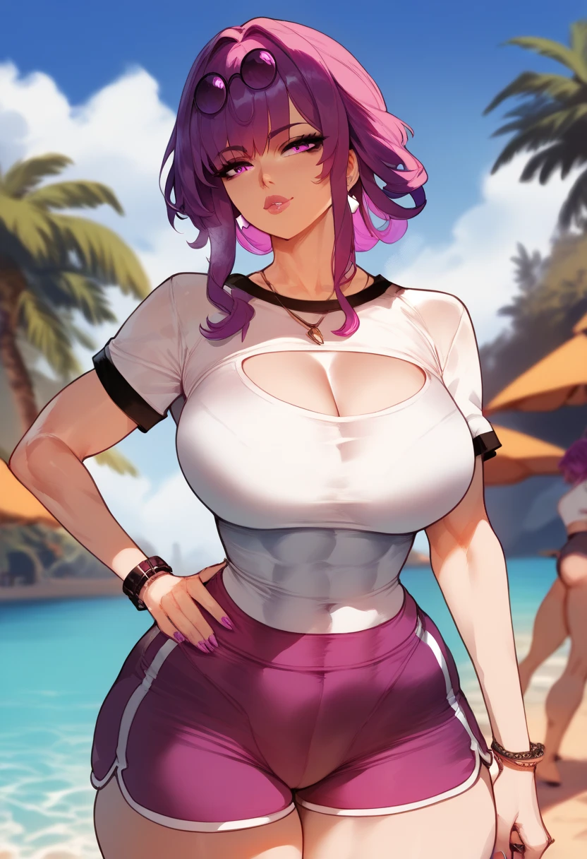 Beautiful woman, big breasts, fit body, hourglass figure, wide hips, athletic, toned, small t-shirt, tight shirt, short sleeves, tight sleeves, compression fit shirt, dolphin shorts, kfka, purple eyes, purple hair, bangs, sidelocks, eyewear on head, earrings,