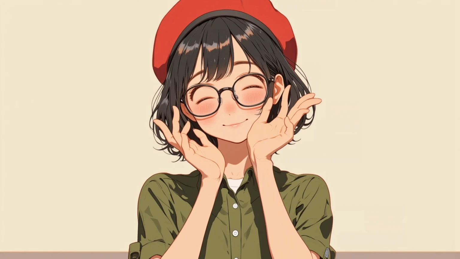 (masterpiece, high quality, high resolution, 4K, 8K, detail), cute Japanese girl (one solo, lo-fi girl, high school student, black hair, short hair, red beret, green shirt dress, black rimmed glasses, anatomically correct body, fingers, hands), waving hands, showing palms on chest,