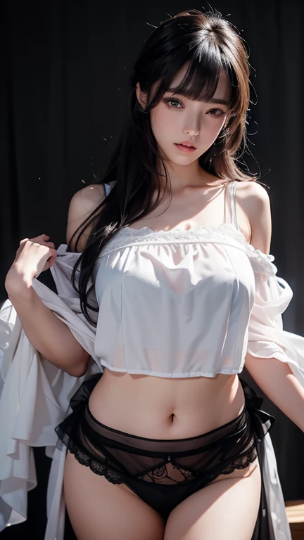 ( Girl lying on the bed), Charming eyes, Moving action, Keep your face away from the camera, bend over, Bend over, turn around, Look at your head, thick and short black and cyan hair, Highly detailed body, Highly detailed face, best quality、(P breast ink underwear),(High school girl),((Off-shoulder transparent white blouse)),(Cleavage coordination),((dark blue square flare skirt)),(Black stockings),((Pants in white lacy looks))、