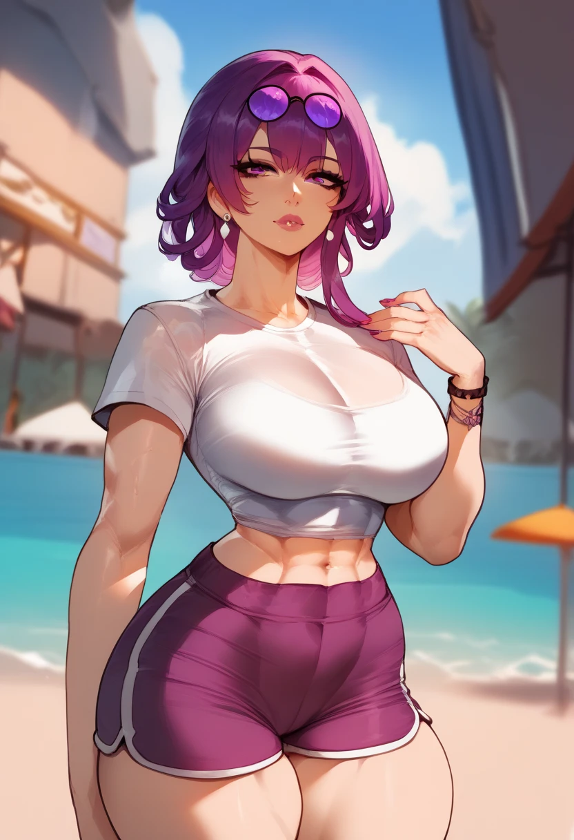 Beautiful woman, big breasts, fit body, hourglass figure, wide hips, athletic, toned, small t-shirt, tight shirt, short sleeves, tight sleeves, compression fit shirt, dolphin shorts, kfka, purple eyes, purple hair, bangs, sidelocks, eyewear on head, earrings,