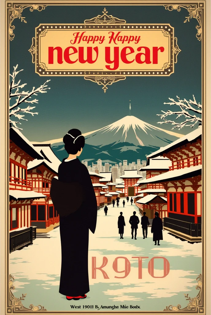 (new year poster:1.3), (vintage style travel poster:1.5), Snow-covered Kyoto, silhouette of a maiko, , ("Happy new year" neon sign:1.5), 