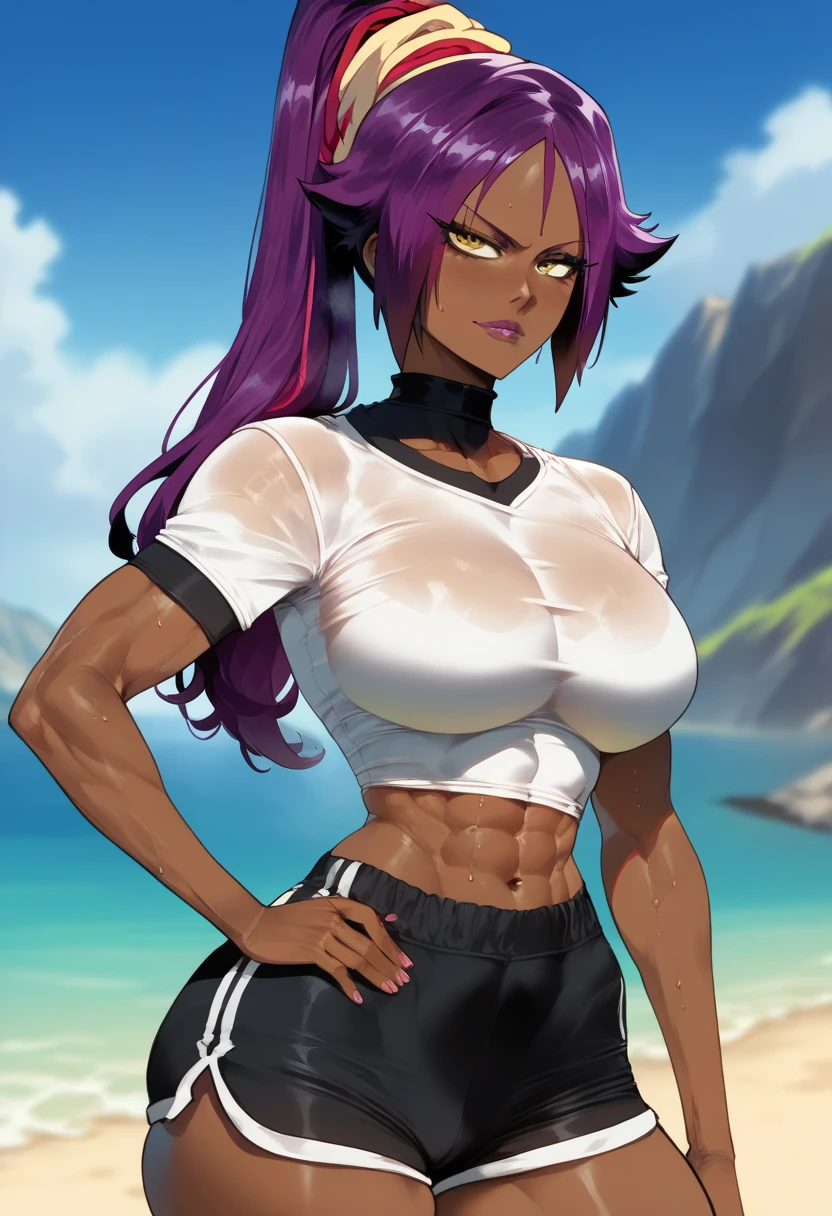 Beautiful woman, big breasts, fit body, hourglass figure, wide hips, athletic, toned, small t-shirt, tight shirt, short sleeves, tight sleeves, compression fit shirt, dolphin shorts, yoruichi shihouin, long hair, yellow eyes, ponytail, purple hair, dark skin, dark-skinned female,