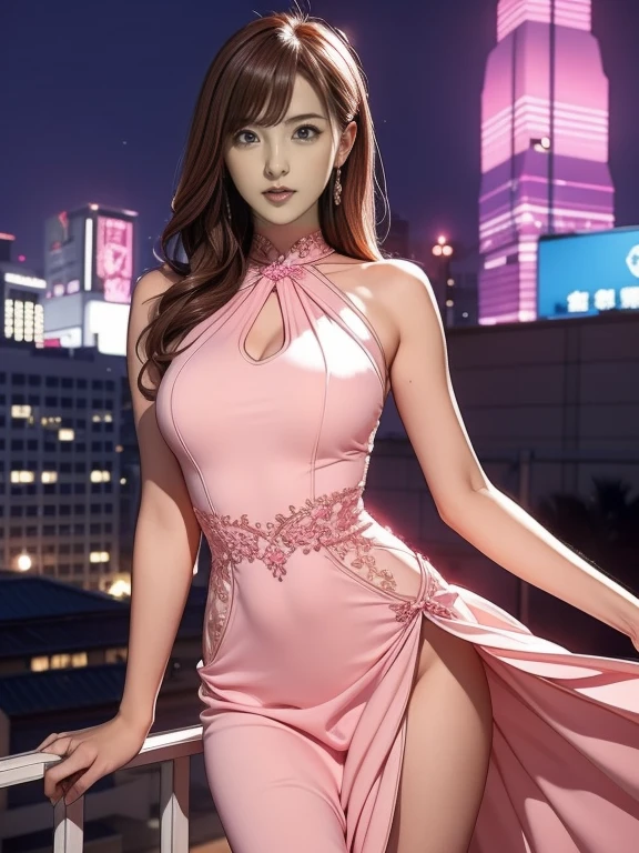 8K, Masterpiece, RAW photo, Best quality, Photorealistic, Extremely detailed Cg Unity 8K wallpapers, Depth of field, Cinematic light, Lens flare, Ray tracing, (Extremely beautiful face, Beautiful lips, Beautiful eyes), intricate detail face, ((ultra detailed skin)) 1girll, In the dark, deepshadow, Pretty Korean girl, Kpop idol,(Very slim and slender muscular body:1.3), ((view the viewer)),(Big smile:1.3), (bodycon minidress), (Injection sleeve) , (Dim lights, (neon lights sign), (Big building), City Night, Cityscape ), (No one is in the background:1.3), Pretty Korean girl, Earrings, bangle, Dia necklace, Pantyhose, Clear eyes, Walking , front footage, (Pale skin), Face forward, (Big eyes), ((upperbody shots)), ((silk tie)), ((Pink, white dresses:1.3)), (view the viewer:1.3), (see through, laced dress), Open breasts, Hermès bag