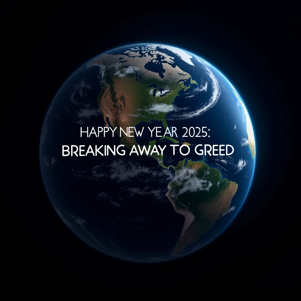 Realistic, a work of art, live-action photo 8K quality, theme is "New Year's Poster", text "Happy New Year 2025: Breaking Away from Greed", looking at the earth from space, the blue earth is beautiful, expressing a big theme, a great prayer.