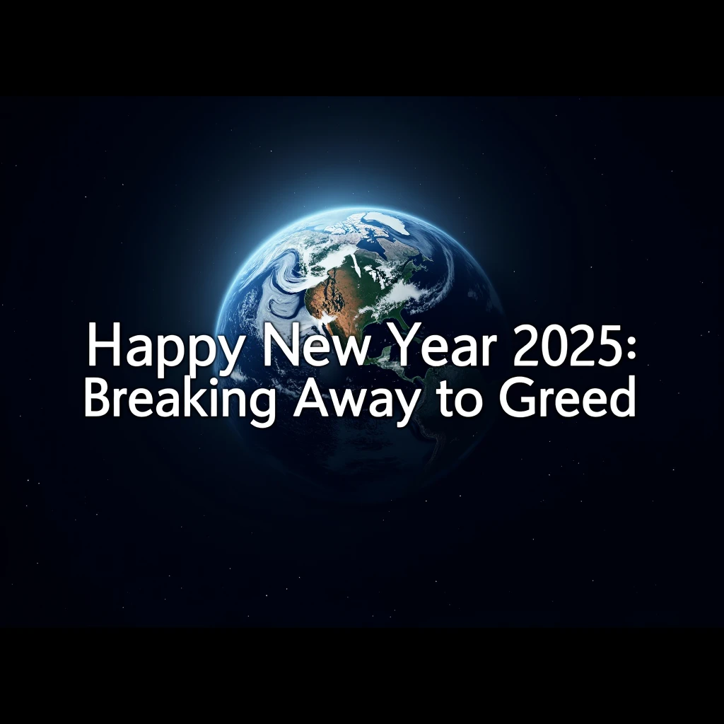 Realistic, a work of art, live-action photo 8K quality, theme is "New Year's Poster", text "Happy New Year 2025: Breaking Away from Greed", looking at the earth from space, the blue earth is beautiful, expressing a big theme, a great prayer.