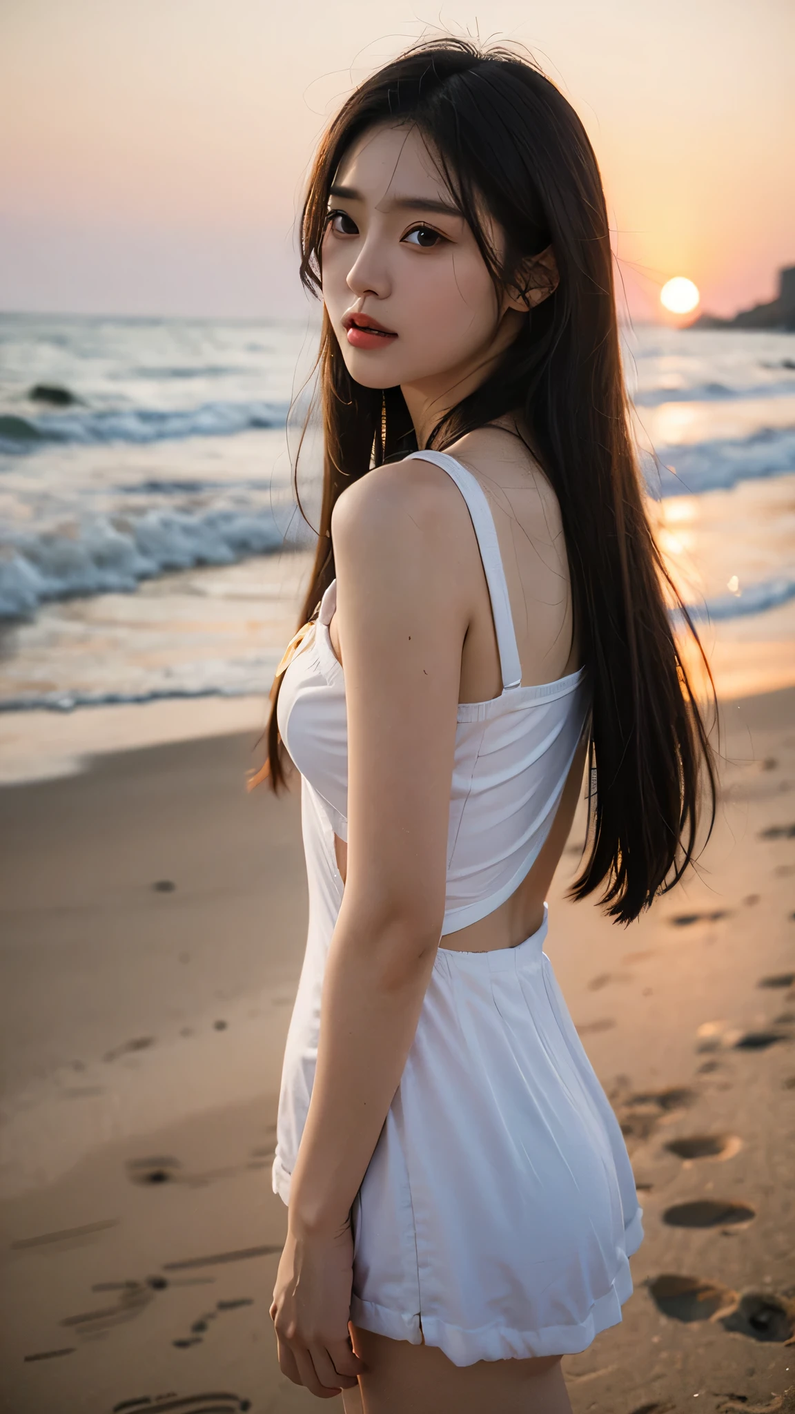 best quality, masterpiece, ultra high resolution, (actual:1.4), original photo, ultra high definition,8k,A perfect young female,High picture quality,Black hair,Long hair flowing over the shoulders,Beach wave hairstyle,oversize t-shirt and hight waist short , Hydrated red lips,Real Human,CG rendering