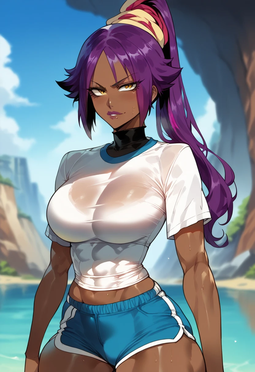 Beautiful woman, big breasts, fit body, hourglass figure, wide hips, athletic, toned, small t-shirt, tight shirt, short sleeves, tight sleeves, compression fit shirt, dolphin shorts, yoruichi shihouin, long hair, yellow eyes, ponytail, purple hair, dark skin, dark-skinned female,