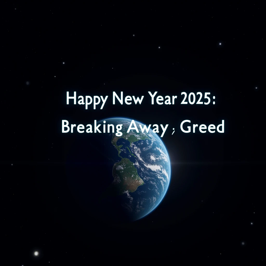 Realistic, a work of art, live-action photo 8K quality, theme is "New Year's Poster", text "Happy New Year 2025: Breaking Away from Greed", looking at the earth from space, the blue earth is beautiful, expressing a big theme, a great prayer.