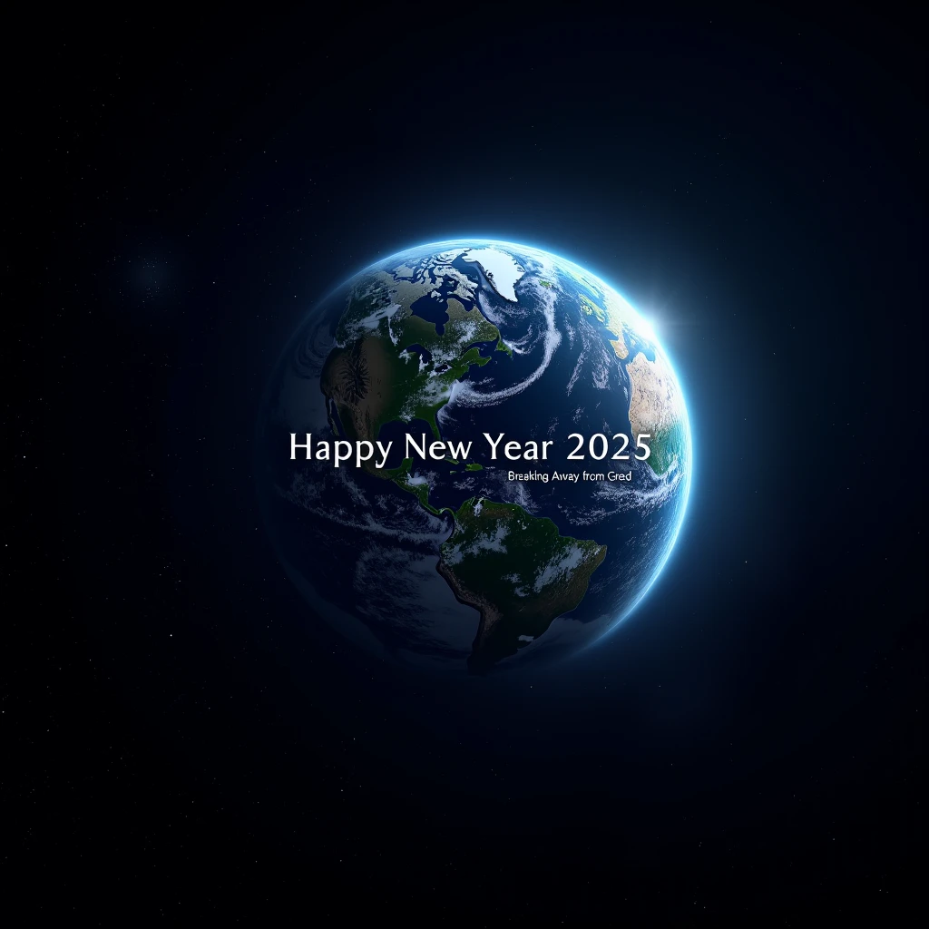 Realistic, a work of art, live-action photo 8K quality, theme is "New Year's Poster", text "Happy New Year 2025: Breaking Away from Greed", looking at the earth from space, the blue earth is beautiful, expressing a big theme, a great prayer.