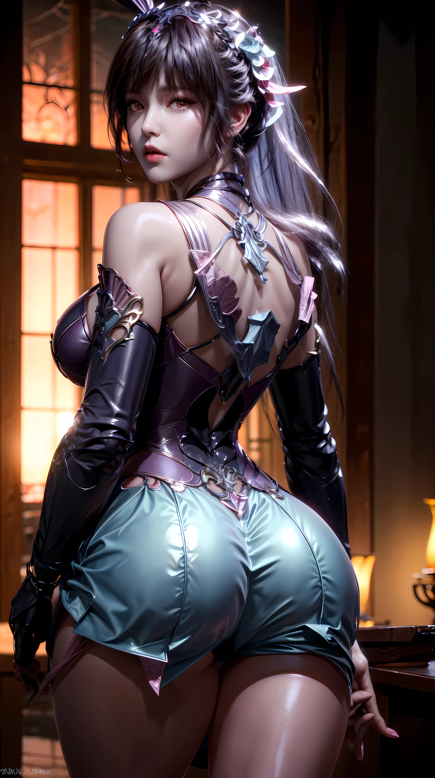 (from below:1.5),((1girl:1.5),curvy,petite,beautiful breasts,(gigantic breasts),pale skin,(pointy breasts),(erect nipples)),((realistic:1.2),8k,ultra hd,high resolution,best quality,masterpiece,(Sense of presence:1.5),(Dynamic:1.5),(bold:1.5)),(long High ponytail:1.2),(thin hair:1.8),(straight hair),(Swept long bangs:1.5),(extra light coppery amber hair),((hair over one eye:1.2)),((clothed:1.2),leather boots,leather gloves,(asymmetrical carbon armor:1.5),(embroidered white lace dress:1.5),(see through:1.2),(long silk sarong))),(pool side,sunlight),(porn image)
