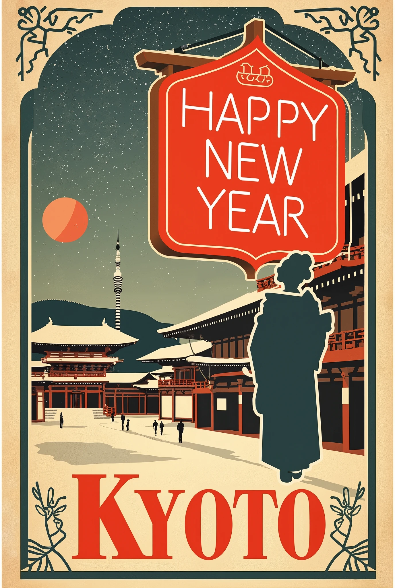 (new year poster:1.3), (vintage style travel poster:1.5), Snow-covered Kyoto, silhouette of a maiko, , ("Happy new year" neon sign:1.5), 