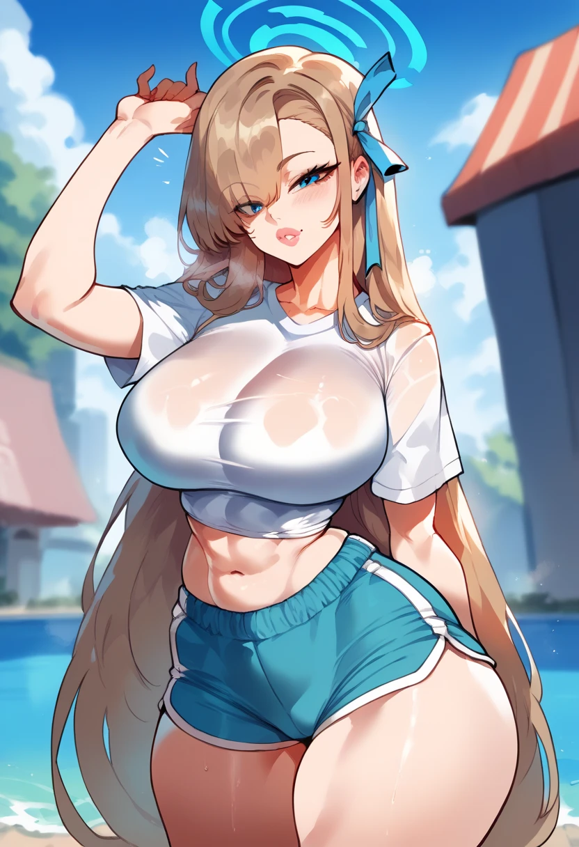 Beautiful woman, big breasts, fit body, hourglass figure, wide hips, athletic, toned, small t-shirt, tight shirt, short sleeves, tight sleeves, compression fit shirt, dolphin shorts, 1chn, blue halo, large breasts, light brown hair, blue eyes, asymmetrical bangs, hair over one eye, very long hair, hair ribbon