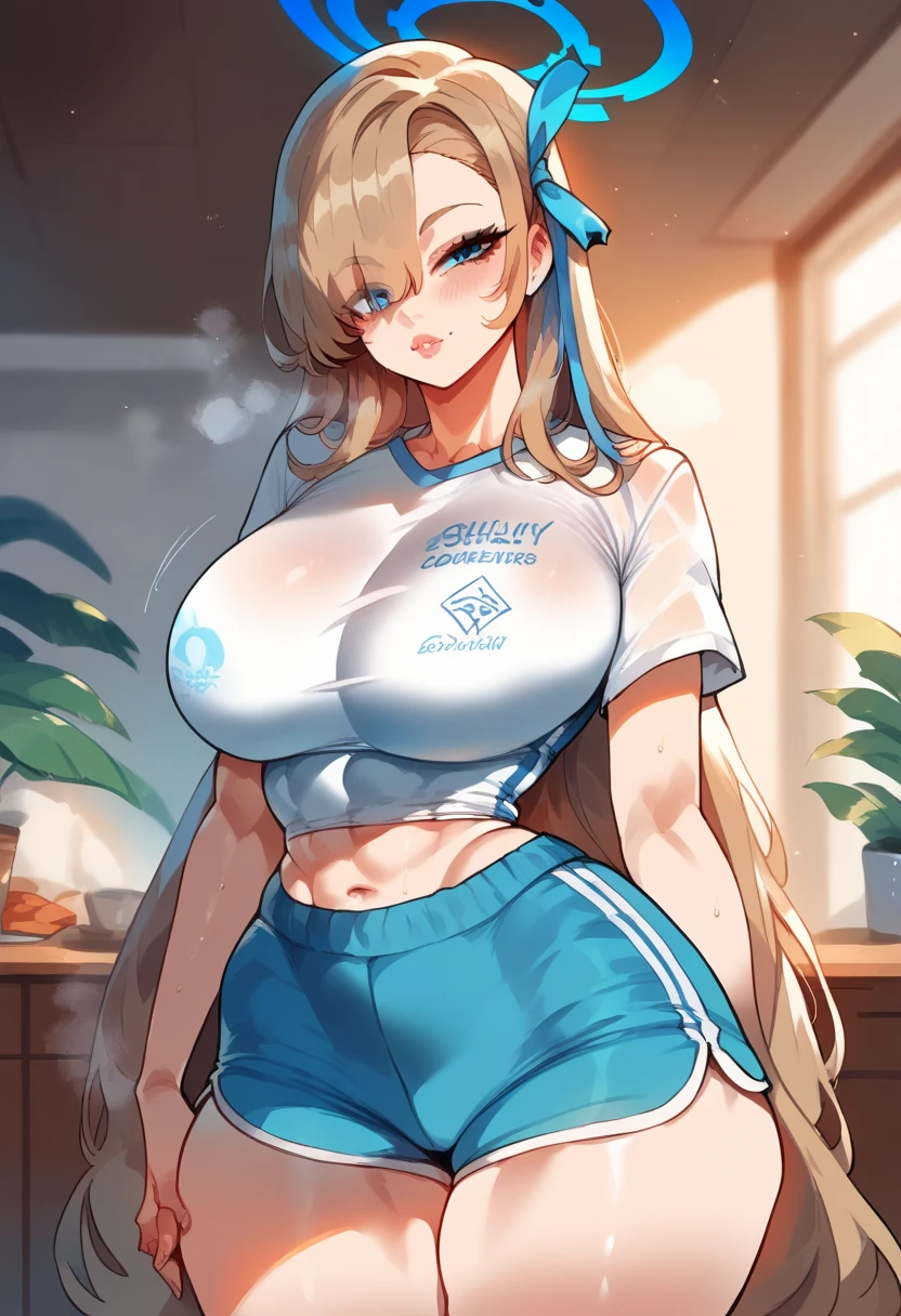 Beautiful woman, big breasts, fit body, hourglass figure, wide hips, athletic, toned, small t-shirt, tight shirt, short sleeves, tight sleeves, compression fit shirt, dolphin shorts, 1chn, blue halo, large breasts, light brown hair, blue eyes, asymmetrical bangs, hair over one eye, very long hair, hair ribbon