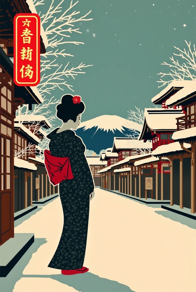 (new year poster:1.3), (vintage style travel poster:1.5), Snow-covered Kyoto, silhouette of a maiko, , (" happy new year " neon sign:1.5), 