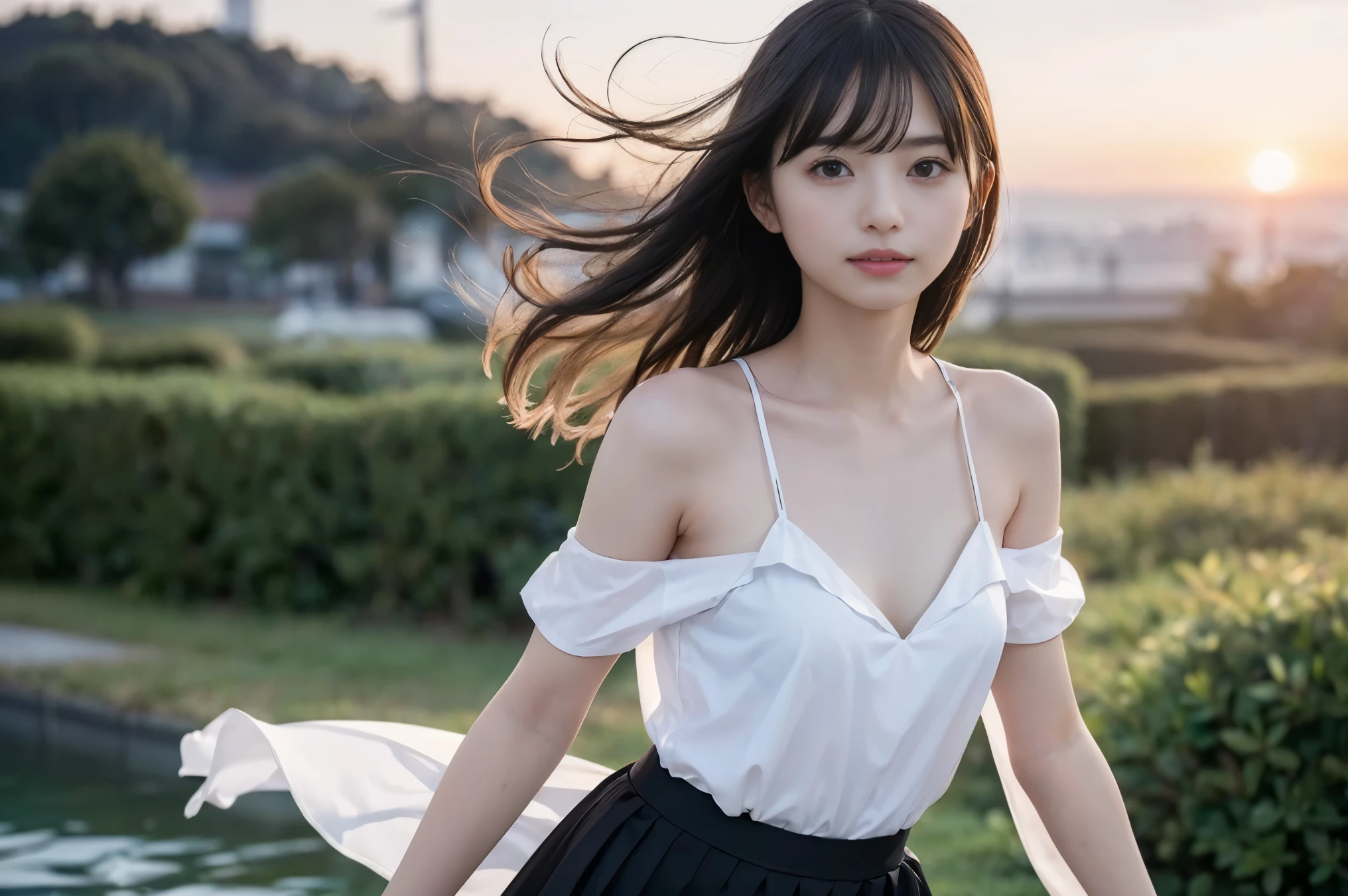 (highest quality,masterpiece:1.3,Ultra-high resolution),(Super detailed,Caustics,8k),(Photorealistic:1.4,RAW shooting),Japanese,23 years old,cute,Sitting,(A big smile),(Looking down at the camera),Black Hair Middle Hair,Big Breasts,White blouse,Knee-length skirt,Strong winds,Hair blowing in the wind,Rooftop,Backlight,Sunset,Sunset sky,(Cowboy Shot),(Thigh Focus:),(Thigh close-up),(Low position:1.3),(Low - Angle:1.3),Natural light