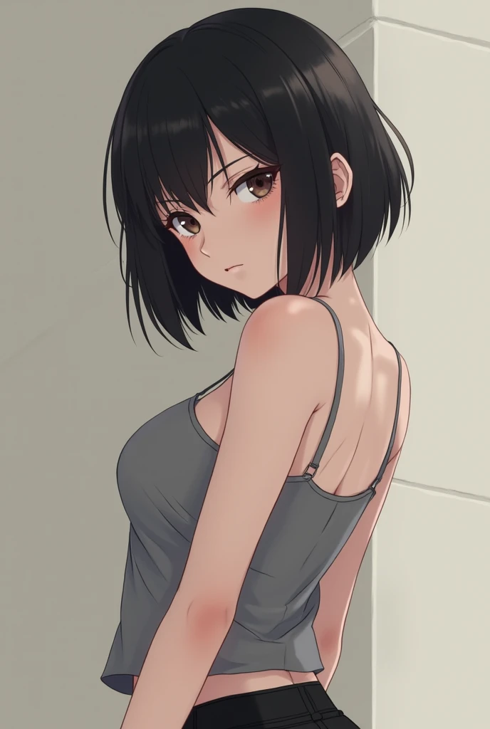 sooahdef, black hair, blue eyes, short hair
looking to the side, solo, breasts, parted lips, large breasts, looking away, camisole, cowboy shot, 1girl, black shorts, shorts, short shorts, bare shoulders, collarbone, cleavage
masterpiece, best quality