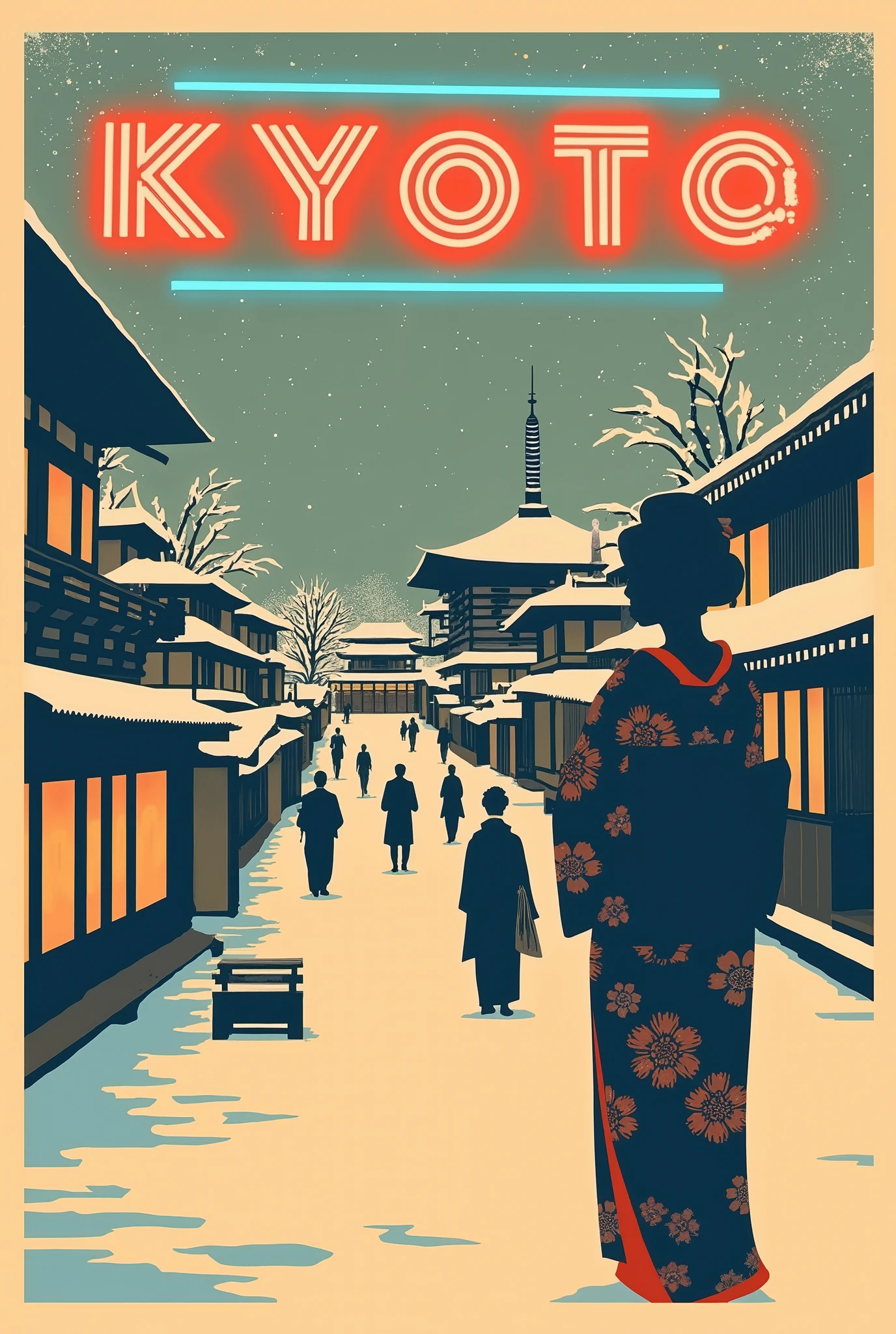 (new year poster:1.3), (vintage style travel poster:1.5), Snow-covered Kyoto, silhouette of a maiko, , (" happy new year " neon sign:1.5), 