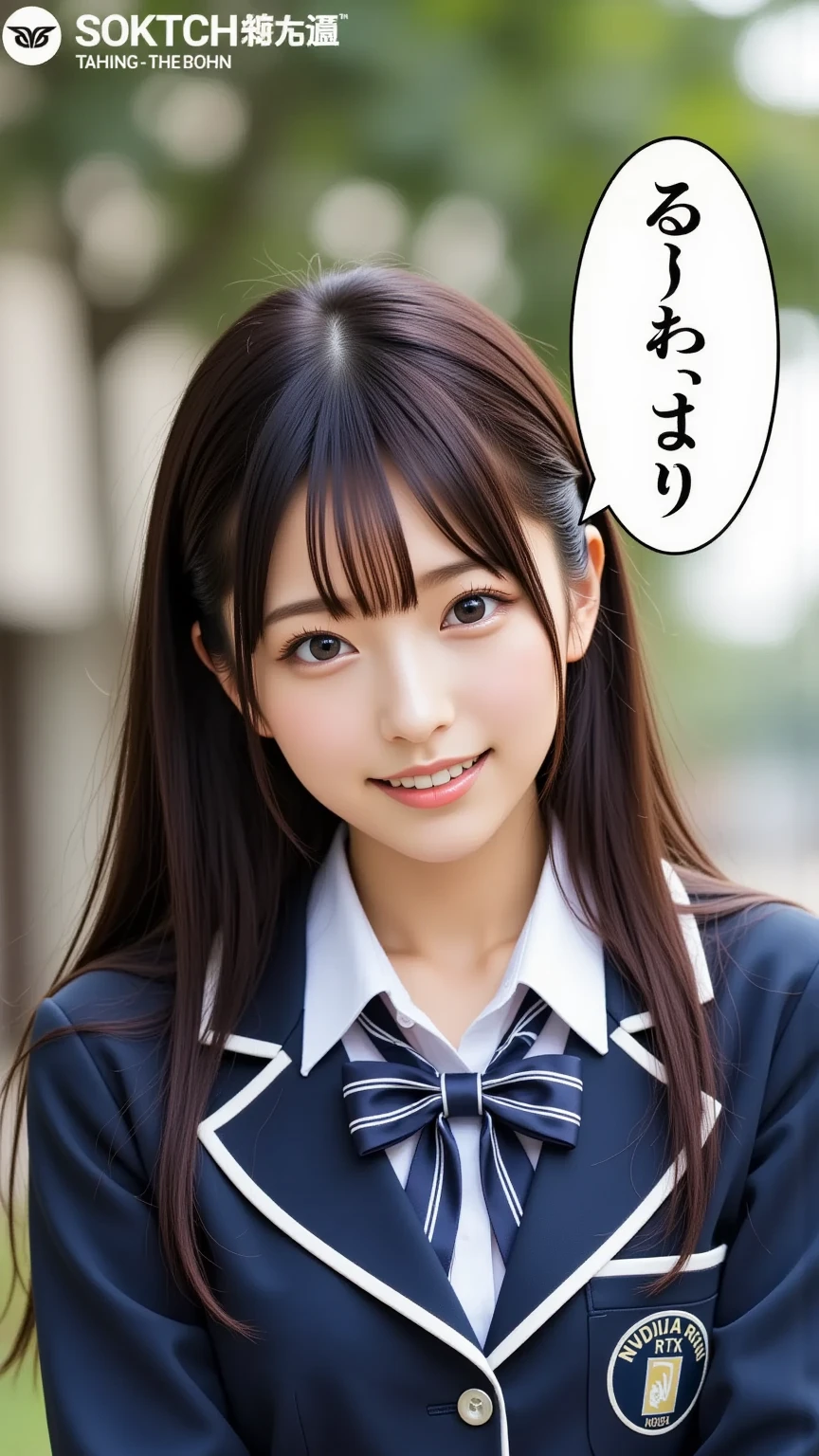 " Japanese high school girl in a long-sleeved uniform,  NVIDIA RTX 4090 GPU in a long-sleeved uniform  ,  looks happy,  High Resolution ,  realistic, in English「5090」speech bubble that says "