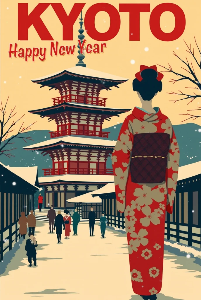 (new year poster:1.3), (vintage style travel poster:1.5), Snow-covered Kyoto, Kiyomizu-dera Temple, silhouette of a maiko from behind, , ("Happy New Year" neon sign:1.5), 