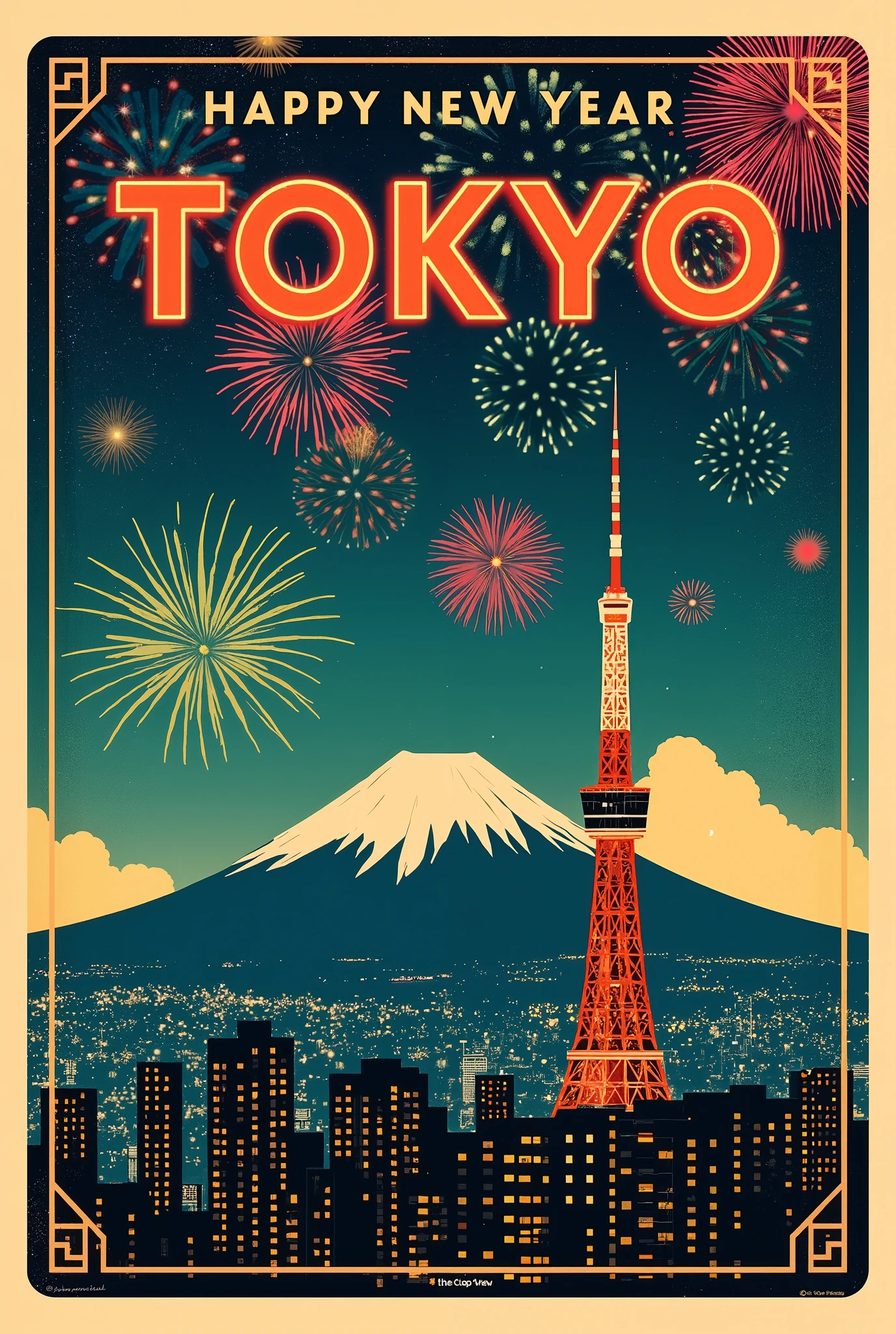 (new year poster:1.3), (vintage style travel poster:1.5), Tokyo, Mt.Fuji and Tokyo Tower, fireworks in night sky , ("Happy new year" neon sign:1.5), 