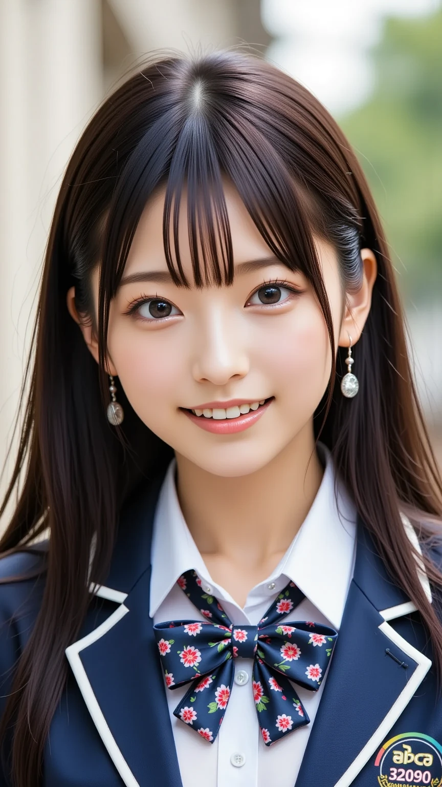 " Japanese high school girl in a long-sleeved uniform,  NVIDIA RTX 4090 GPU in a long-sleeved uniform  ,  looks happy,  High Resolution ,  realistic, in English「5090」speech bubble that says "