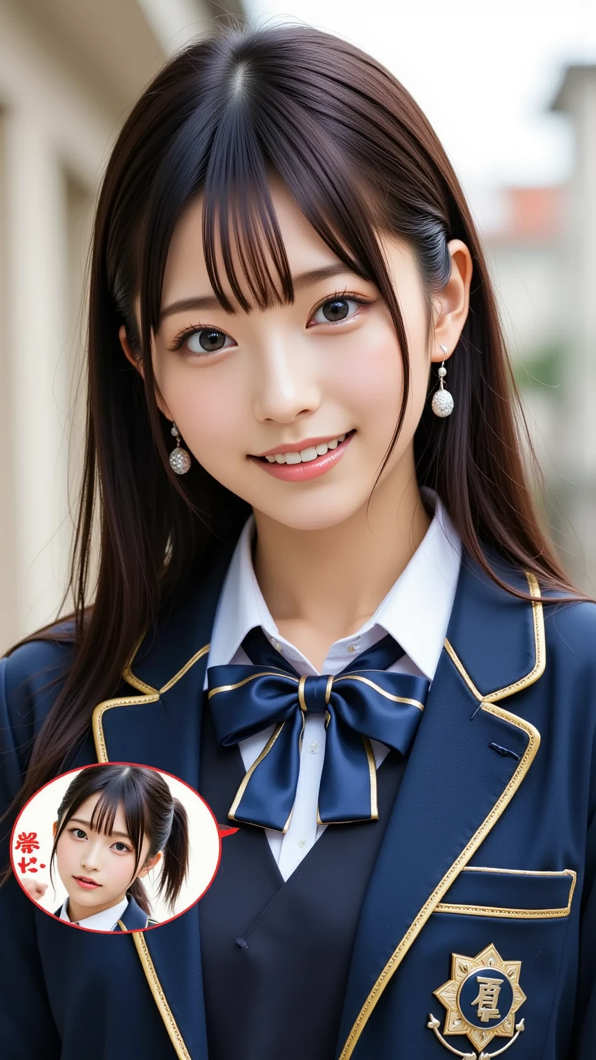 " Japanese high school girl in a long-sleeved uniform,  NVIDIA RTX 4090 GPU in a long-sleeved uniform  ,  looks happy,  High Resolution ,  realistic, in English「5090」speech bubble that says "