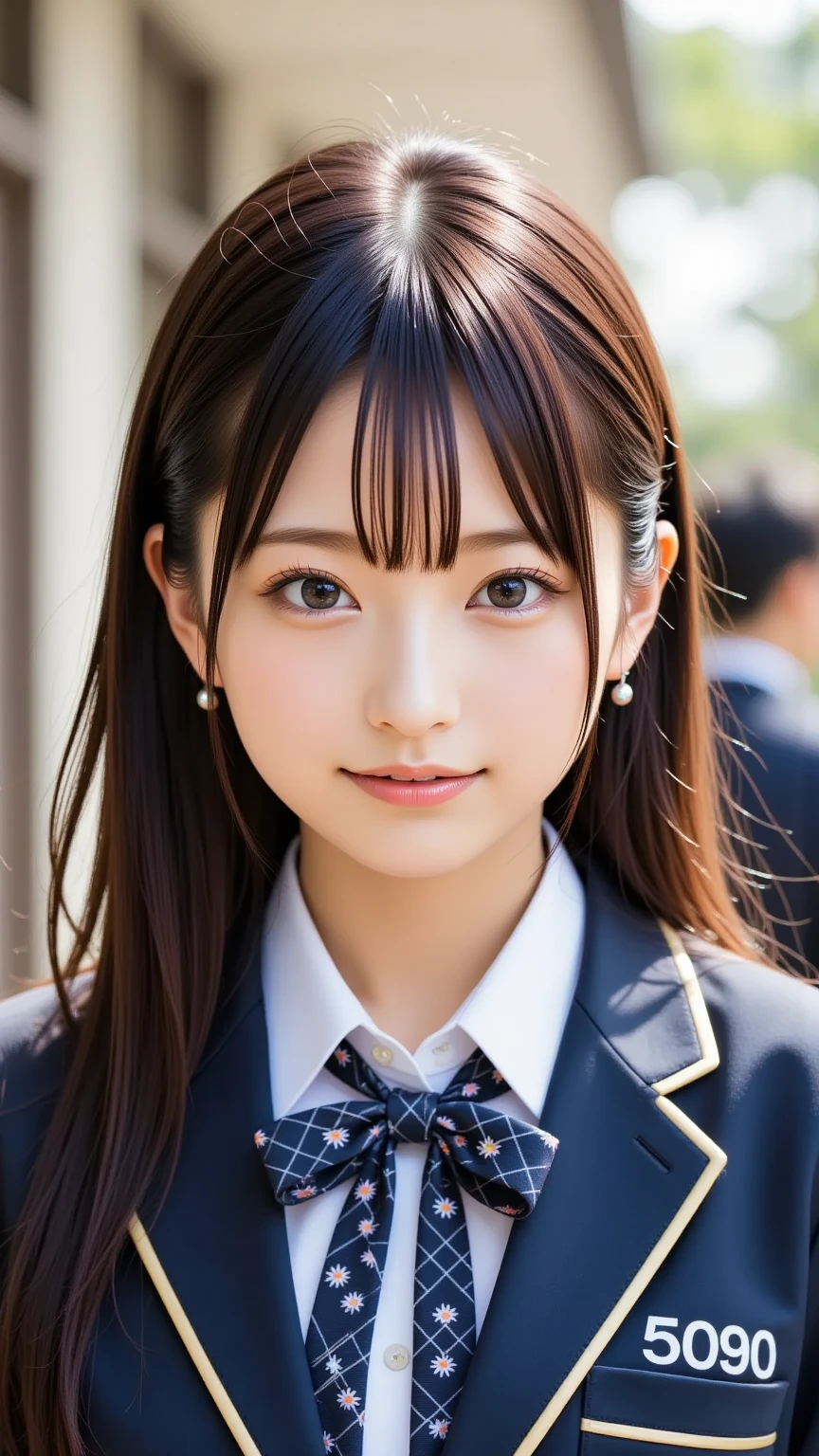 " Japanese high school girl in a long-sleeved uniform,  NVIDIA RTX 4090 GPU in a long-sleeved uniform  ,  looks happy,  High Resolution ,  realistic, in English「5090」speech bubble that says "