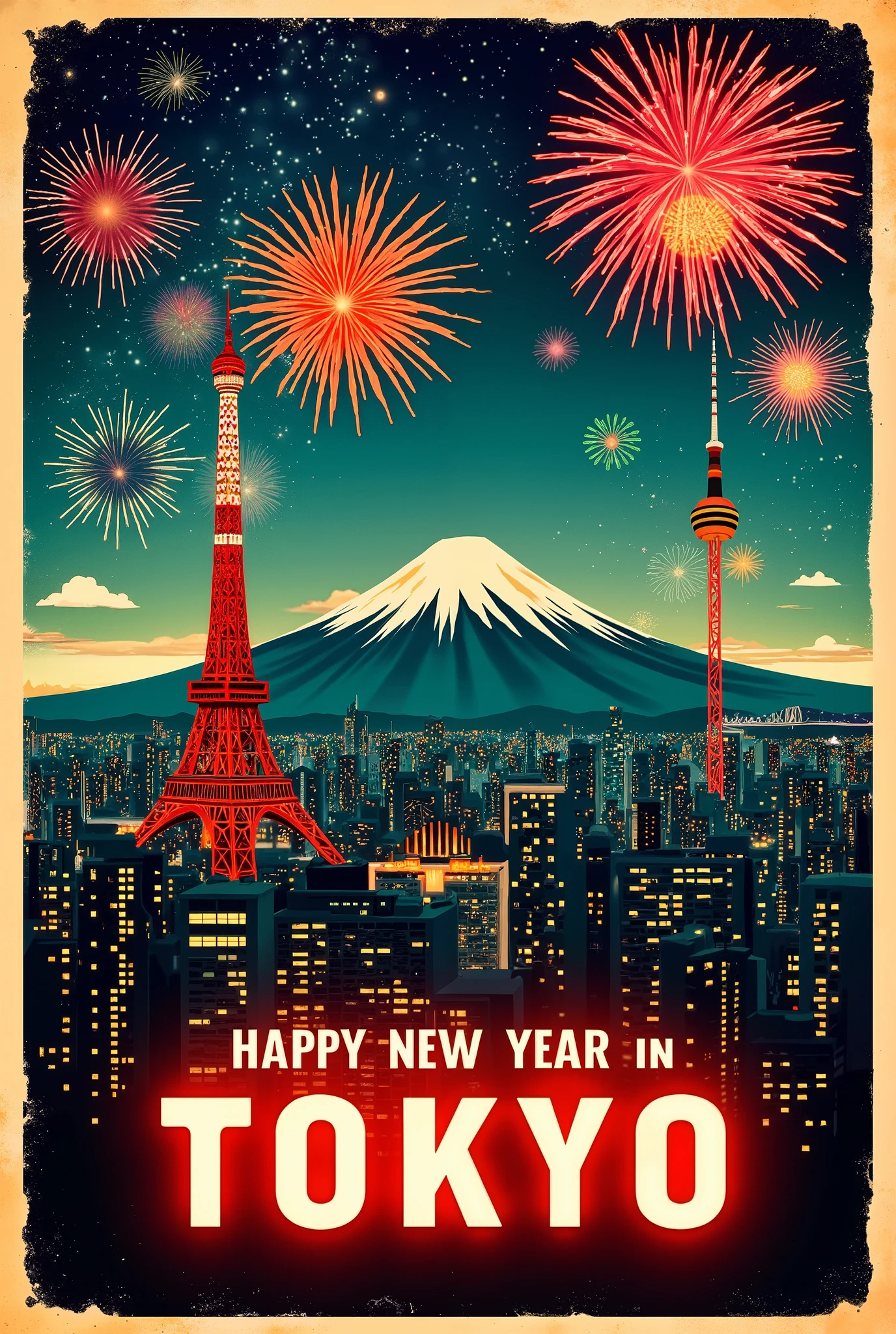 (new year poster:1.3), (vintage style travel poster:1.5), Tokyo, Mt.Fuji and Tokyo Tower, fireworks in night sky , ("Happy new year" neon sign:1.5), 