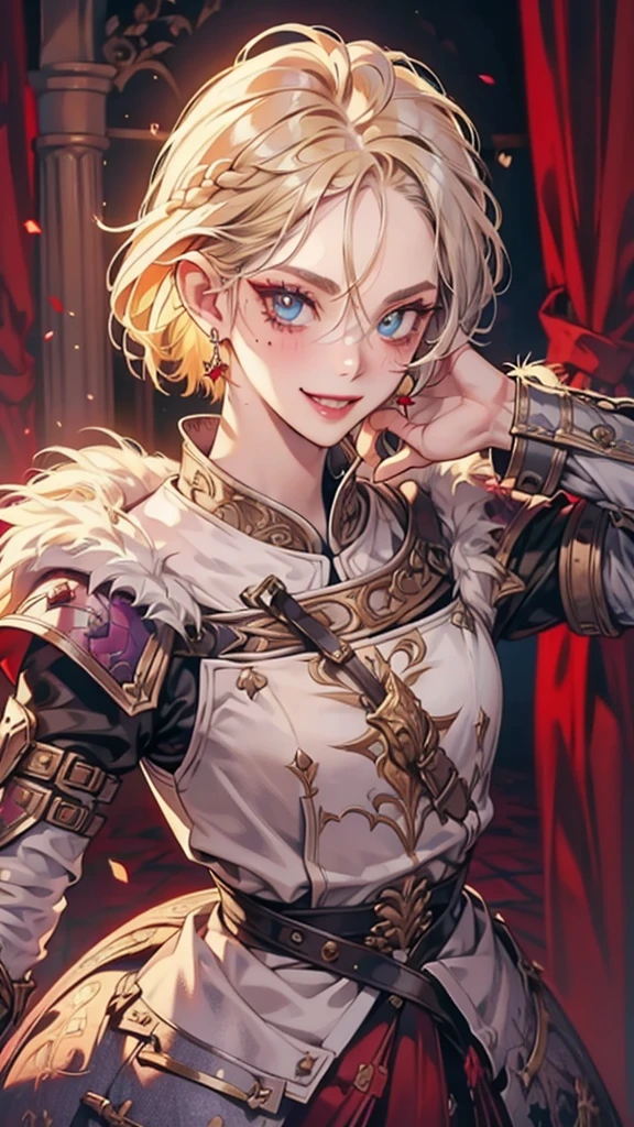 8k, masterpiece, best quality, highly detailed, 1 girl, solo, human, cleric, short hair, bob hair, braided hair, blonde hair, earrings, blue eyes, red eyeshadow, long eyelashes, winking, playful demeanor, psychotic, blushed cheek, purple lips, mole on face, glamorous, silver armor, close up view, happy smile, looking at viewer, standing, town, holy, wearing circlet.