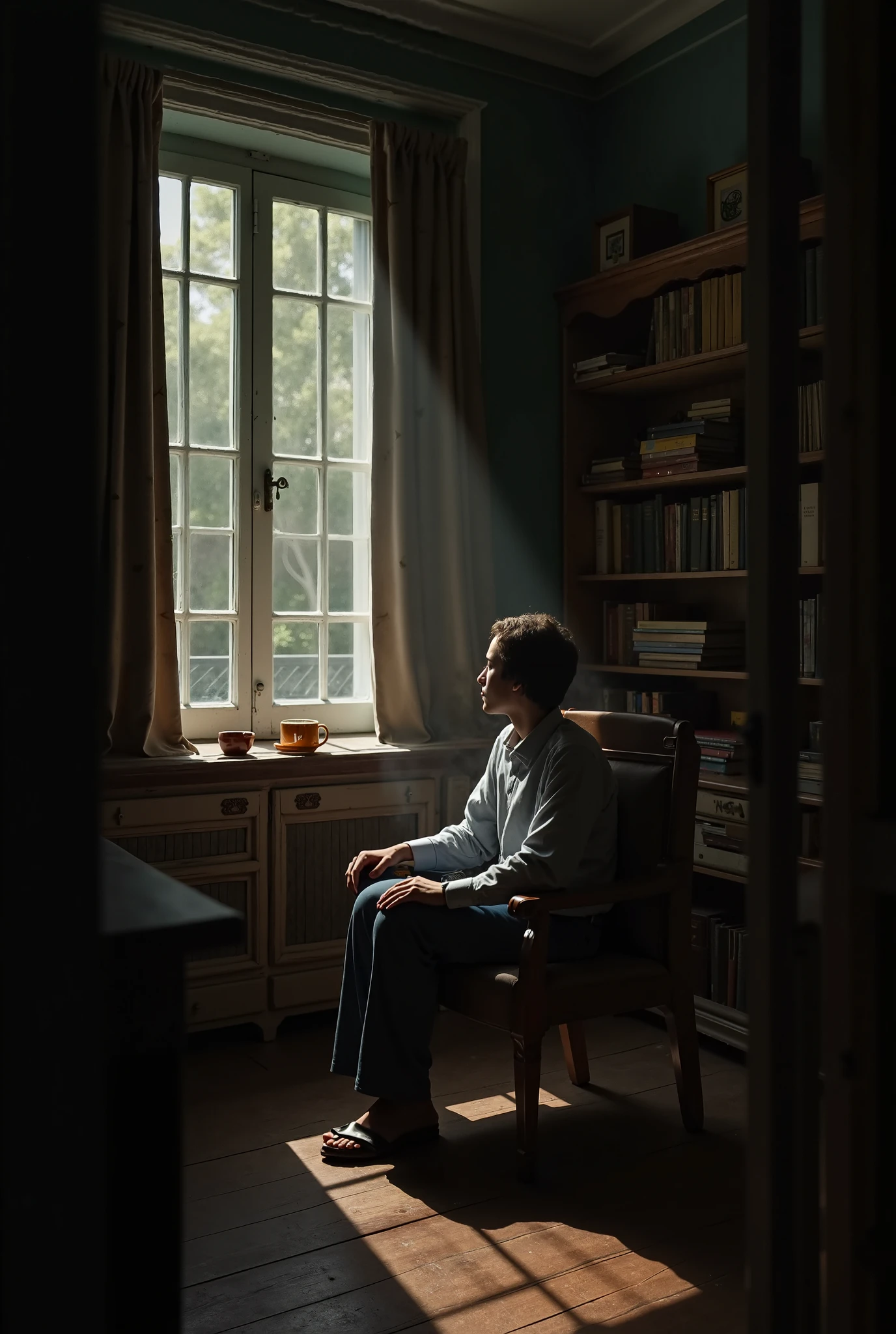The room of a middle-class person, in which books and a cup of tea are kept. The person is dressed simply, sitting in a chair and lost in deep thoughts. The light in the room is dim, and the atmosphere is quiet."
