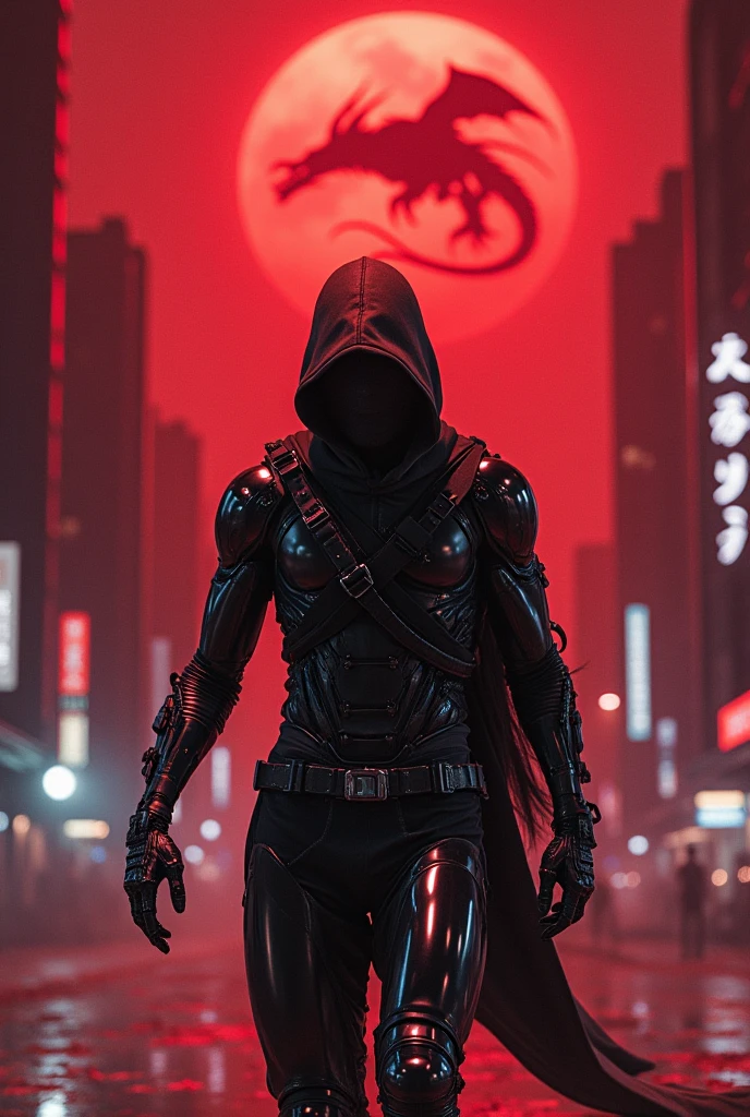 Cool ninja,killer machine, cyborg, cyber,sifi, city,blood moon,blood night,sky is shattered, giant dragon flying above the sky,8k,hd