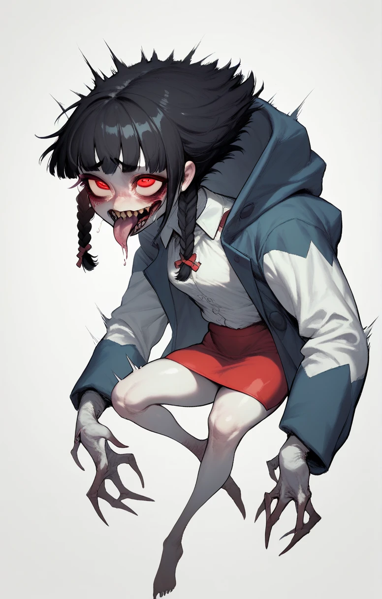 A monster creature, pale skin, cabelo bob style, fringe,  black hair, 2 braids,  full body ,  red eyes , red tight mini skirt,  white background, top white, white shirt,  thin black open coat short on top, ahegao, white skin,  looking at the viewer , scary