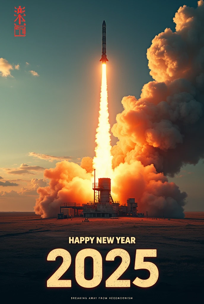 Realistic, work of art, live-action photo 8K quality, theme is "New Year's Poster", text "Happy New Year 2025: Breaking Away from Hegemonism", background of the text is a scene of a strategic nuclear missile launched from a nuclear submarine emerging from the sea, smoke rising, expressing the stupidity of humankind, expressing a big theme, a great prayer.