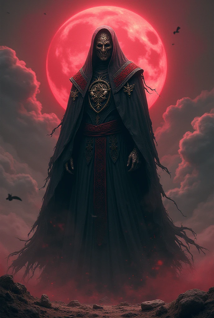 Vector art design for sticker of: floating Reaper ,scyscraper, the great crown of the king of the dark abyss, king of angmar from lord of the rings, cursed of death image, bloody red Taoist robes,cultivating immortal,white background