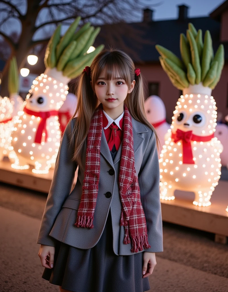 ultra-realistic, photorealistic, dramatic scene, shadow, global-illumination, solo, (teenage Japanese famous idol girl), very beautiful fragile Japanese girl, very beautiful with very cute but boyish cool face, (very large breasts), slim waist, (wearing a gray colored Japanese high school cute uniform of white shirt with blazer and skirt), (red ribbon), (stylish winter coat), (cute checked red woolen scarf), (glove), (She is wearing dark navy tights), (very large breasts), upper body shot, (She is standing and looking at the Daikon Character-Themed Electrical Parade at the amusement park), daikon\(cute, medium long, very large, chubby, white daikon radish character, green leaves on the top, smiled simple cute face with extremely detailed eyes, detailed anime girl's beautiful eyes, short hands and foot\), (A lively and fun daikon parade with glittering lights and many daikon radish characters on the float), (The floats in the daikon radish Electrical Parade were beautifully decorated with lights), (at night), A few autumn leaves can be seen among the leafless trees, she looks so happy, happy smile, professional lighting,