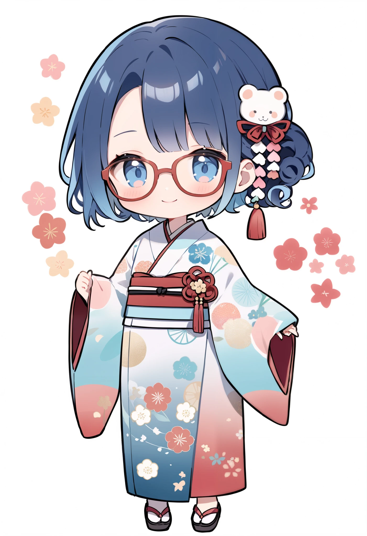 Long-sleeved kimonoを着た女の子1人, Chibi, pastel color, smile、 Blue Hair, shorthair , Curly Hair、Glasses、 stands straight and faces the front shoes stylish Long-sleeved kimono New Year has a white background