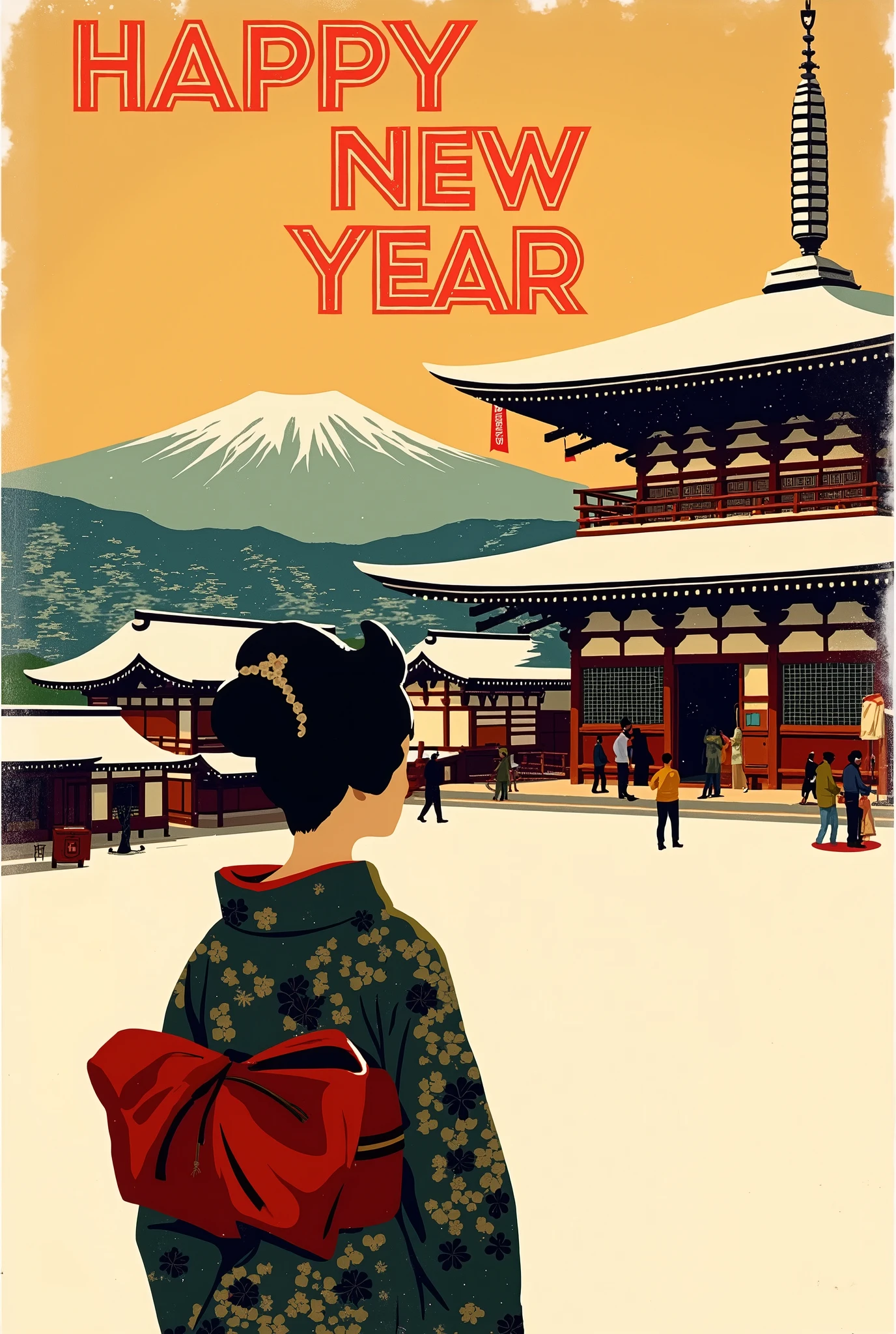 (new year poster:1.3), (vintage style travel poster:1.5), Snow-covered Kyoto, Kiyomizu-dera Temple, silhouette of a maiko from behind, , ("Happy New Year" neon sign:1.5), 