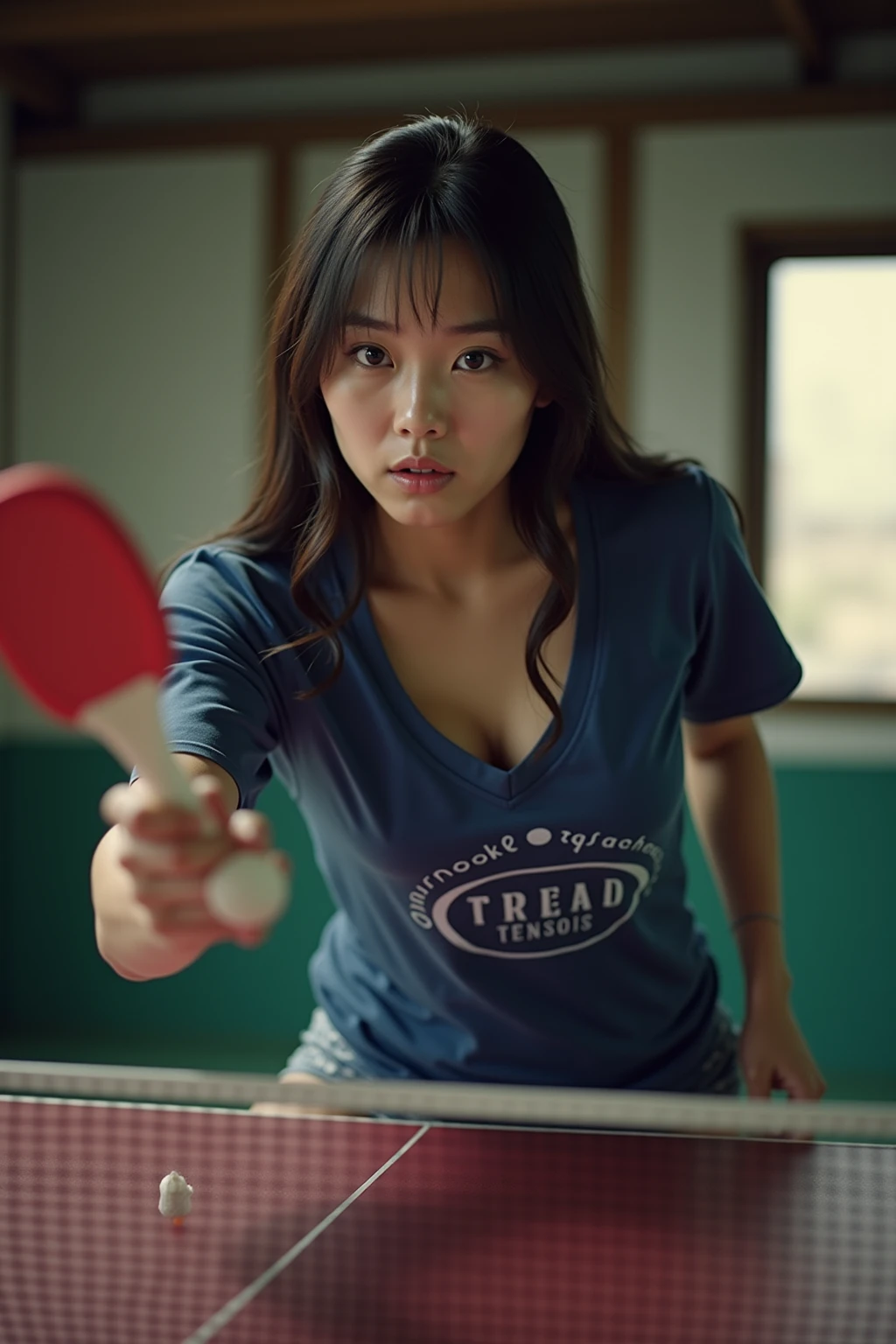 (Table tennis,smash,forehand,smashを打つ瞬間:1.4),(Special Moves, A pretty flashy production :1.5),(smashを稲妻と炎でSpecial Movesとして表現する:1.6),woman,(movie, SFX Hero TV production style production:1.9),(日本人woman, long t-shirt ,Big Breasts, cleavage visible :1.6),(格好がいいSpecial Movesのエフェクト付:1.8)