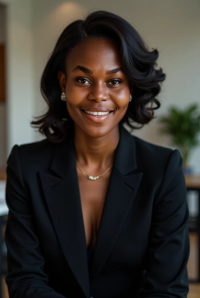 Portrait of a beautiful mature black lady, looking 35 years old, darkskin, her long, wavy black hair is cascading down her back, subtle smile, some wrinkles on the face, gazing at viewer, wearing business clothes.