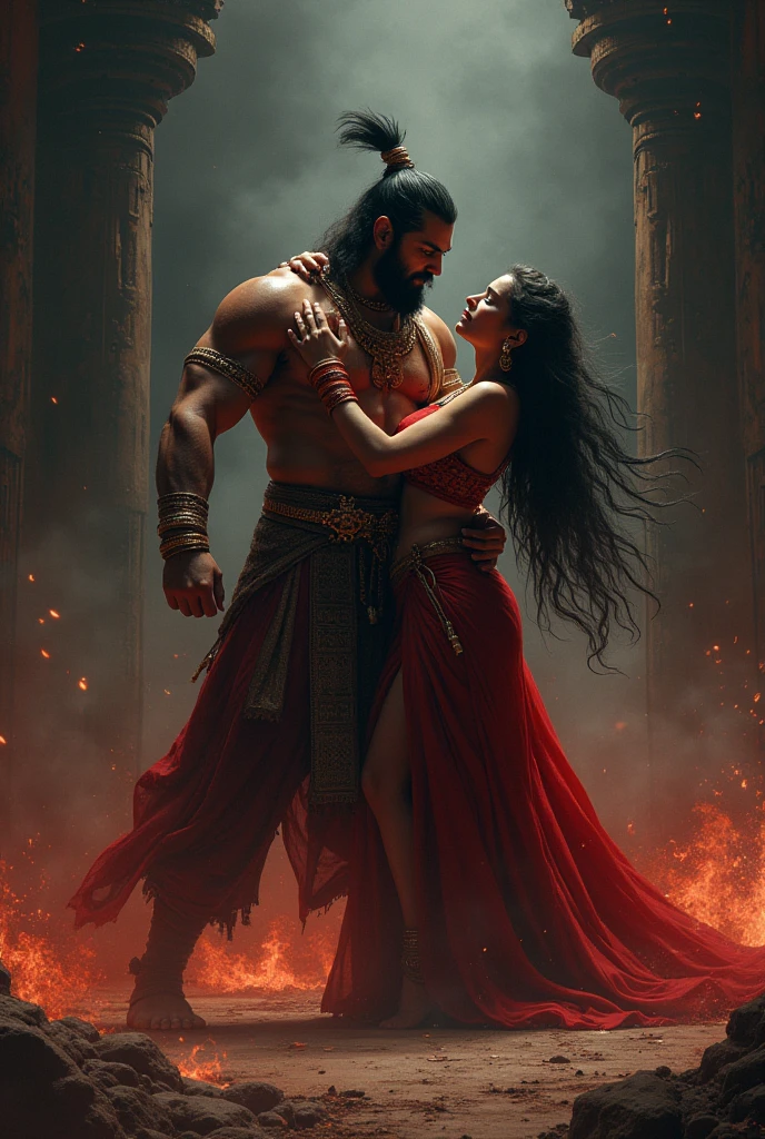 Angad Grabbing Mandodari**: Illustrate the moment when Angad grabs Ravana's wife, Mandodari, to drag her in front of Ravana. Mandodari is visibly distressed, while Angad shows a fierce determination. Ravana, although initially unmoved, watches the scene with a hint of internal conflict.