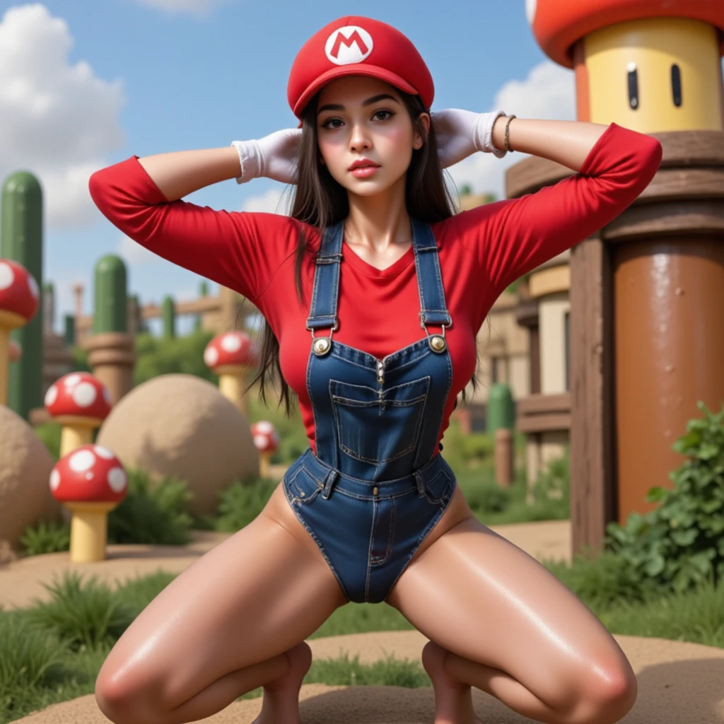 ( top quality、 very detailed)、(Genuine:1.37)、 high resolution、超 high resolution、 Studio Lighting 、  bright color、Personality traits： Young and very beautiful woman、belly button、 huge breasts、 very detailed目と顔、 beautifully detailed eyes、 Beautifully Detailed Lips 、  has long eyelashes、Costume： Mario cosplay、red long t-shirt、 wearing denim overalls 、Wear a red casket 、  white gloves 、 pose：Leg spread、 squat、Place your hands behind your head、background：Super Mario World、( anatomically correct:1.5、 Textured Skin)、( top quality、4K、8k、 high resolution、masterpiece:1.2)、 Super Fine、(realistic,photorealistic,photo-realistic:1.37)、HDR、UHD、 Studio Lighting 、 Super Fineな写真、 sharp focus、 physics-based rendering 、Extremely detailed depiction 、 soft lighting 、Warm tones、 cinematic structure 、Bokeh、 Fantasy、 Exquisite Details 、 professional、