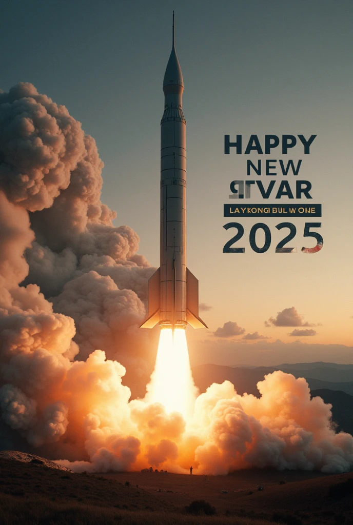 Realistic, work of art, live-action photo 8K quality, theme is "New Year's Poster", text "Happy New Year 2025: Breaking Away from Hegemonism", background of the text is a scene of a strategic nuclear missile launched from a nuclear submarine emerging from the sea, smoke rising, expressing the stupidity of humankind, expressing a big theme, a great prayer.