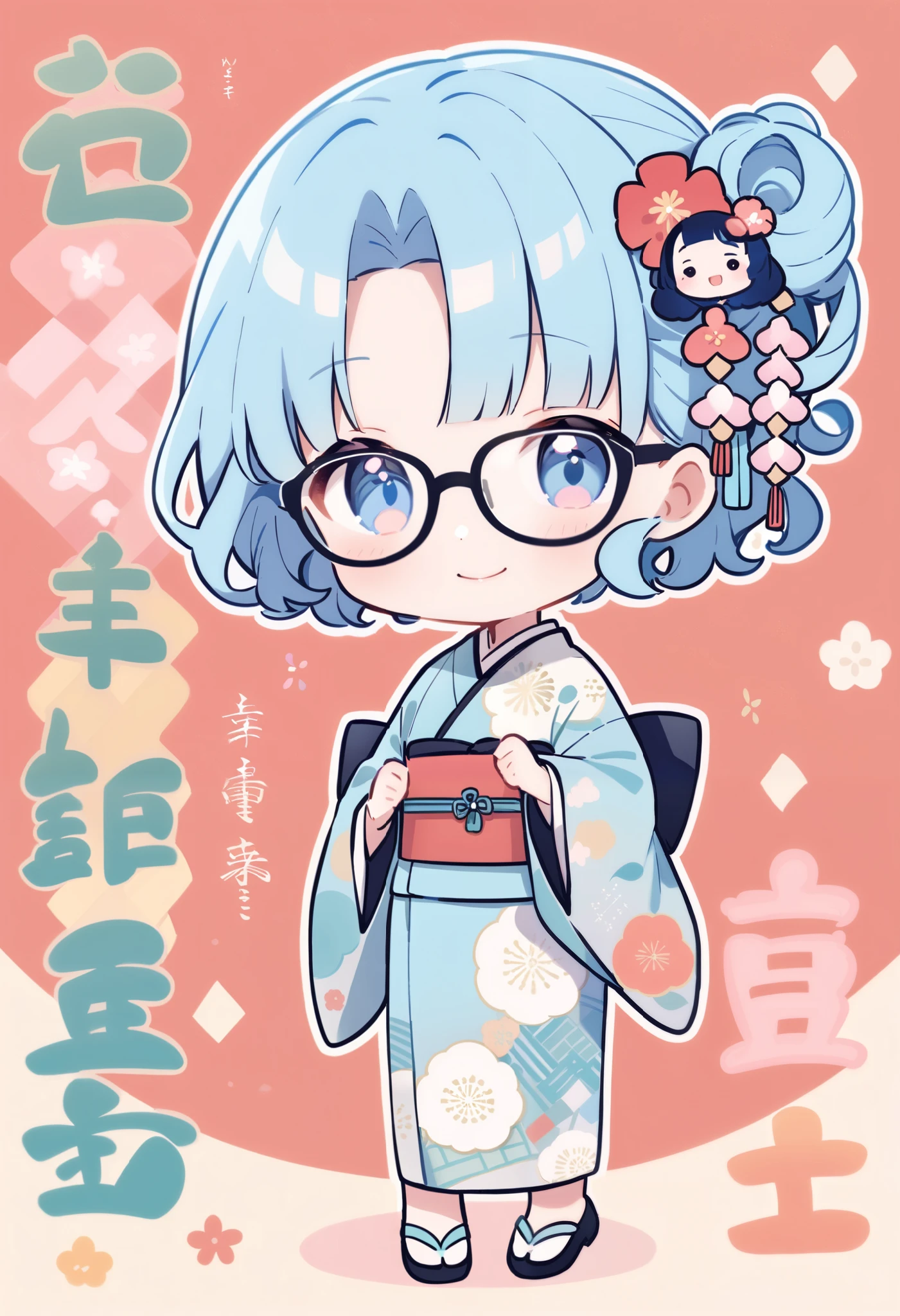  Long-sleeved kimonoを着た女の子1人, Chibi,   pastel color, smile、  Blue Hair,   shorthair  , Curly Hair、Glasses、Stand straight and face the front　shoes　 stylish　 Long-sleeved kimono　New Year