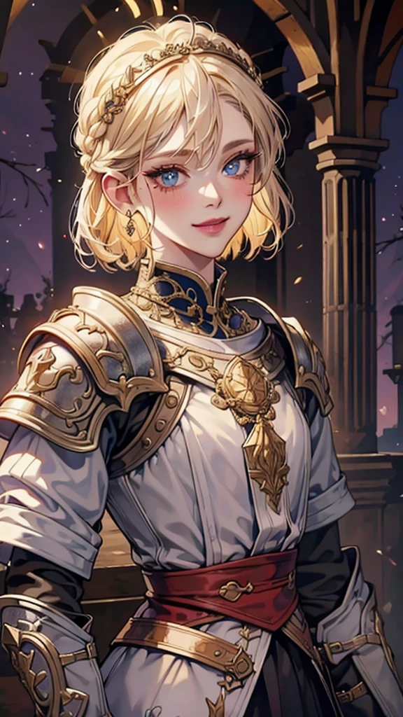 8k, masterpiece, best quality, highly detailed, 1 girl, solo, human, cleric, short hair, bob hair, braided hair, blonde hair, earrings, blue eyes, red eyeshadow, long eyelashes, winking, playful demeanor, psychotic, blushed cheek, purple lips, mole on face, glamorous, silver armor, close up view, happy smile, looking at viewer, standing, town, holy, wearing circlet.