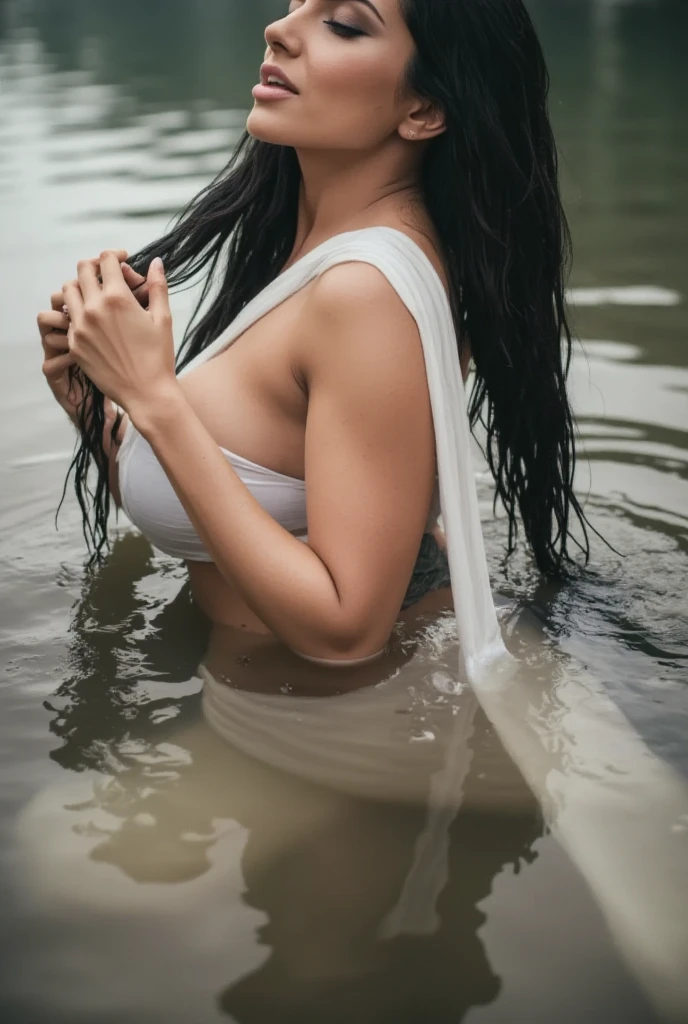 A masterpiece-quality, highly detailed, and realistic depiction of a single woman standing in a serene river, water gently rippling around her. She is running her hands through her long, wet brunette hair, lifting it slightly as water droplets cascade down. Her bare shoulders and collarbone are accentuated, with her upper body partially exposed above the water. She has huge breasts visible  and her skin glistens with moisture. her lips softly closed, and a small mole is visible under one eye, adding to her distinctive beauty. The natural lighting enhances her wet hair and skin, with reflections of light playing on the water surface. The tranquil environment adds to the serene and intimate atmosphere of the scene.