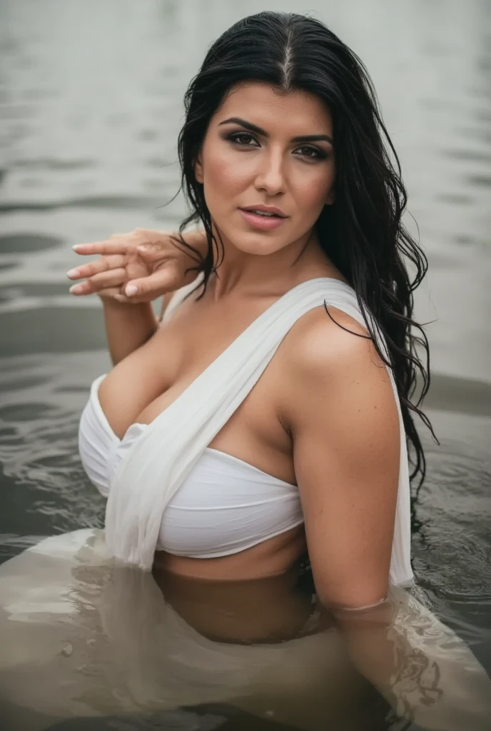 A masterpiece-quality, highly detailed, and realistic depiction of a single woman standing in a serene river, water gently rippling around her. She is running her hands through her long, wet brunette hair, lifting it slightly as water droplets cascade down. Her bare shoulders and collarbone are accentuated, with her upper body partially exposed above the water. She has huge breasts visible  and her skin glistens with moisture. her lips softly closed, and a small mole is visible under one eye, adding to her distinctive beauty. The natural lighting enhances her wet hair and skin, with reflections of light playing on the water surface. The tranquil environment adds to the serene and intimate atmosphere of the scene.