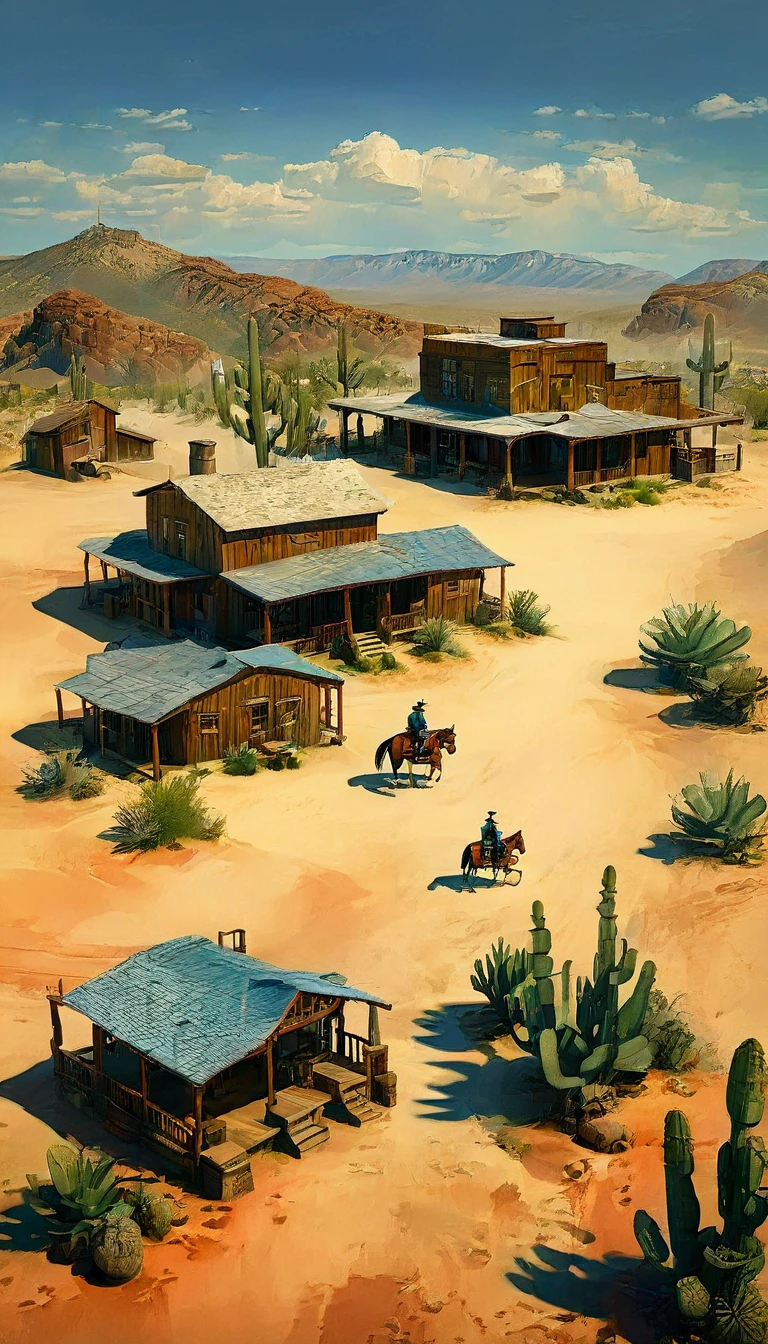 a detailed illustration of a town in the wild west, 1 cowboy:1.5, desert landscape, adobe buildings, dirt roads, wooden living room, horses, cactus, blue sky, warm lighting, Very detailed, photorealistic, 8k, masterpiece, Conceptual art, HD,8k HIPER DETALLADO