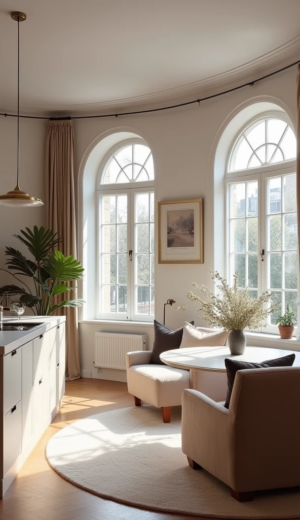A marketing image of an exceptional apartment. Small, London, Many windows An open room . on the left the Lüche with a small cooking island. On the right a nice sofa , that looks like a cloud . A bay window , in front of it is a round dining table . Old building , sweetly and elegantly furnished . . Highest elegance . sanf. high resolution , masterpiece, anatomically correct , Exactly, best quality, Multi-award winning , Details, Hohe Details, HD Model, Hohe Details, Elegant, high-priced , bestseller, Handmade , tender, Elegant, esthetic, lovingly, Elegant, Luxury . For Vogue by Paloma Designs