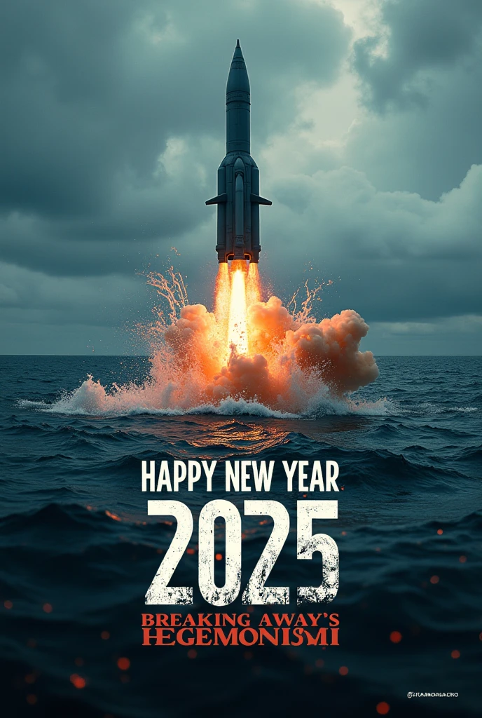 Realistic, work of art, live-action photo 8K quality, theme is "New Year's Poster", text "Happy New Year 2025: Breaking Away from Hegemonism", background of the text is a scene of a strategic nuclear missile launched from a nuclear submarine emerging from the sea, smoke rising, expressing the stupidity of humankind, expressing a big theme, a great prayer.