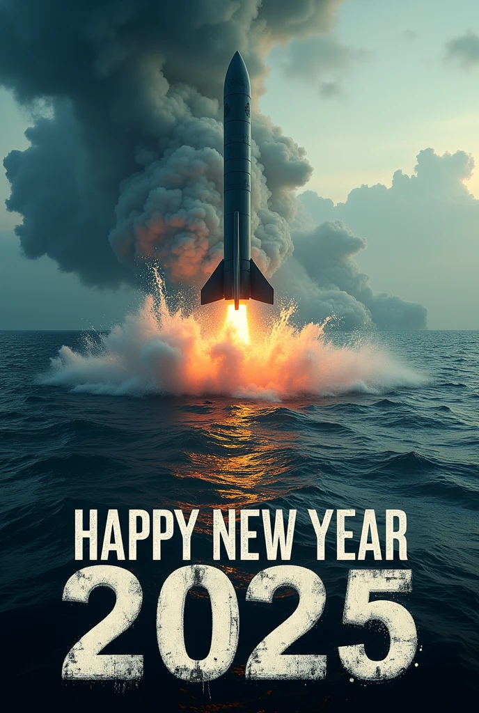 Realistic, work of art, live-action photo 8K quality, theme is "New Year's Poster", text "Happy New Year 2025: Breaking Away from Hegemonism", background of the text is a scene of a strategic nuclear missile launched from a nuclear submarine emerging from the sea, smoke rising, expressing the stupidity of humankind, expressing a big theme, a great prayer.